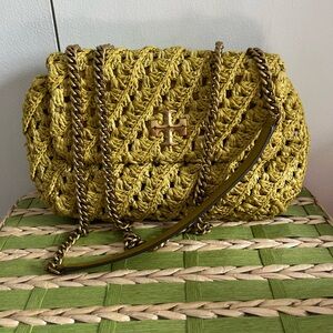 Tory Burch Mustard Yellow Woven Shoulder Bag with Chain Strap